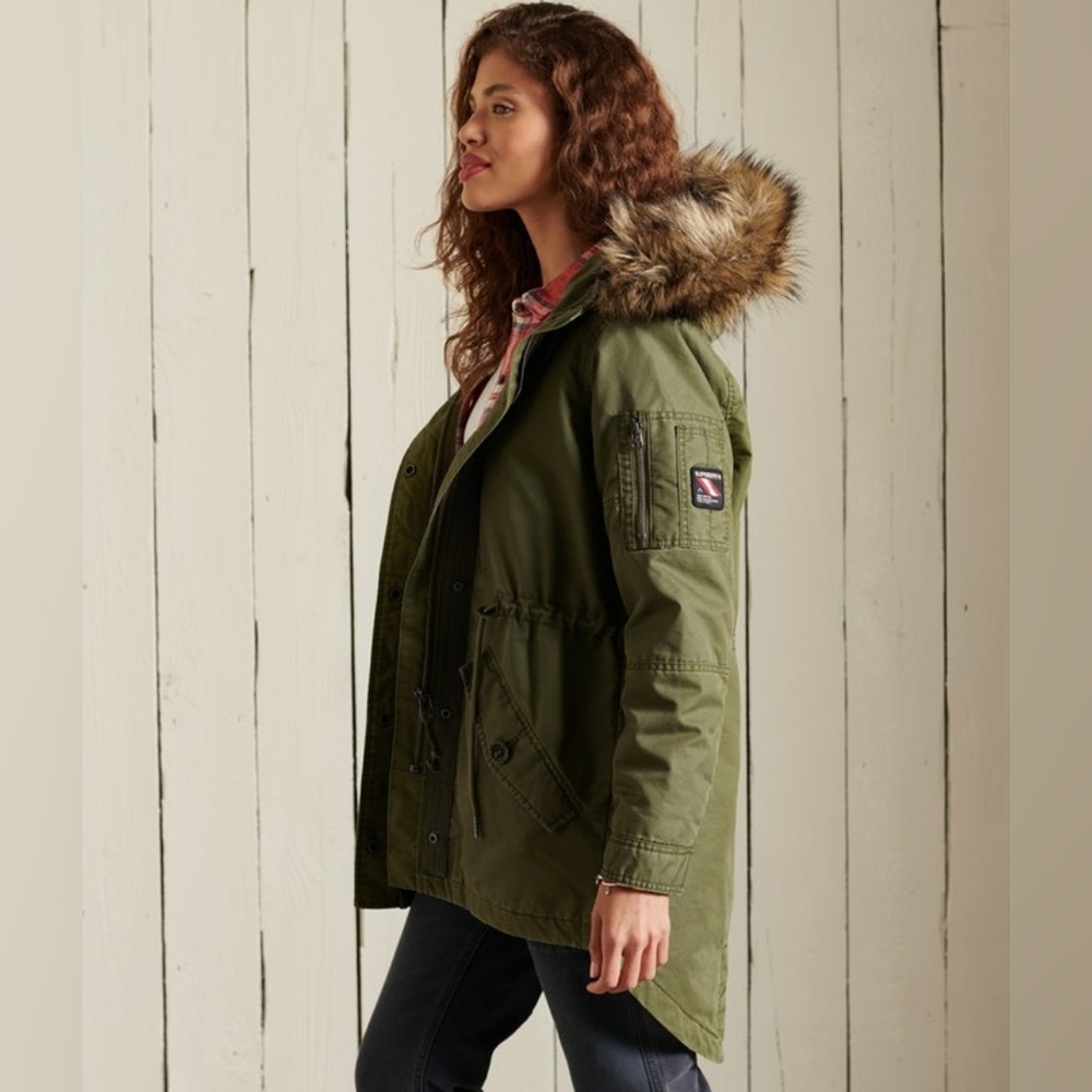 Superdry Women's Coat Size Military Fishtail Parka Coat In Army Green Size